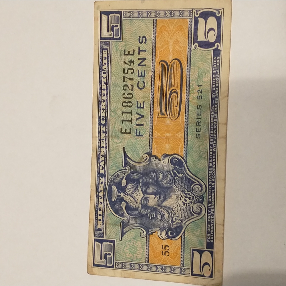 1954 USA military payment certificate, 5¢, excellent condition